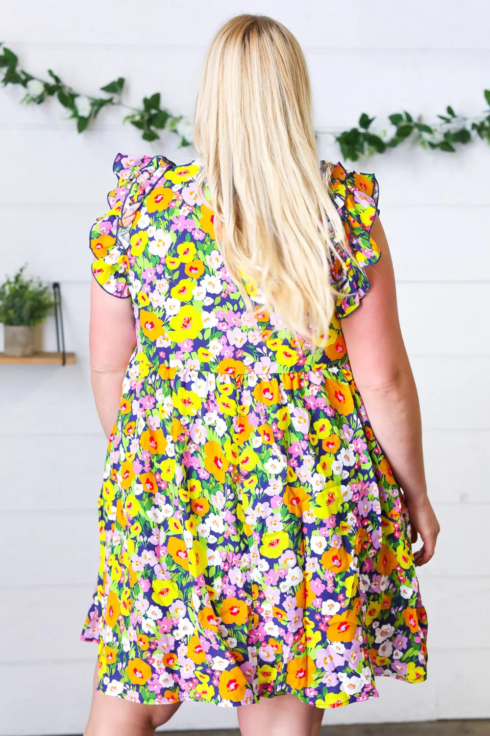 Indigo & Lemon Floral Babydoll Ruffle Dress (Open Pack)