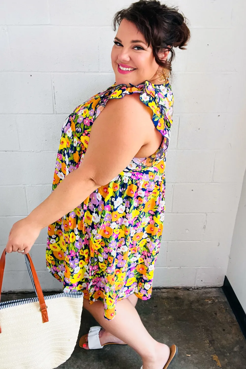 Indigo & Lemon Floral Babydoll Ruffle Dress (Open Pack)