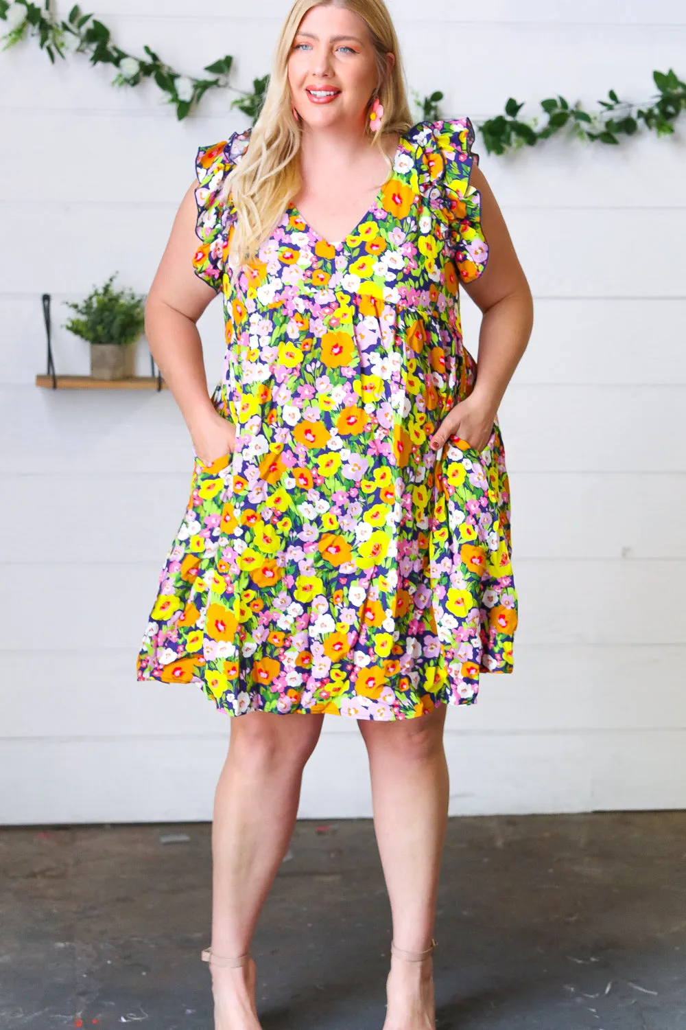 Indigo & Lemon Floral Babydoll Ruffle Dress (Open Pack)