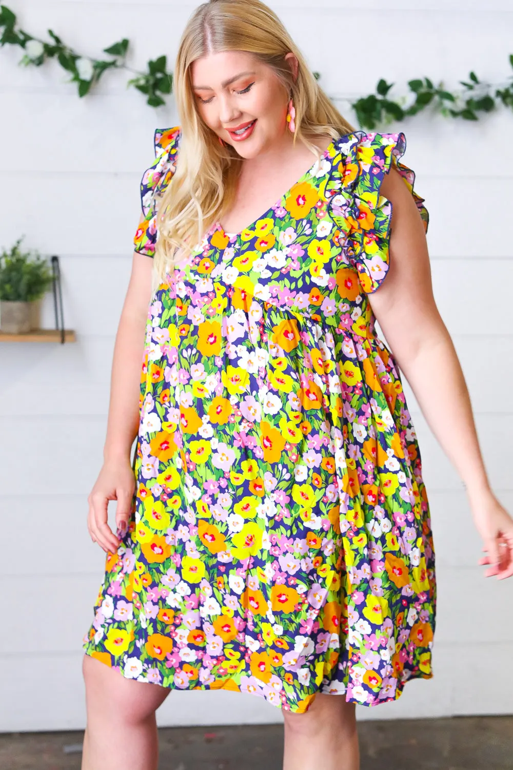 Indigo & Lemon Floral Babydoll Ruffle Dress (Open Pack)