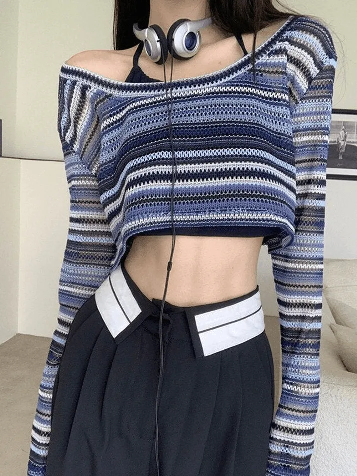 Joskaa Contrast Striped Crochet Knit Crop Top