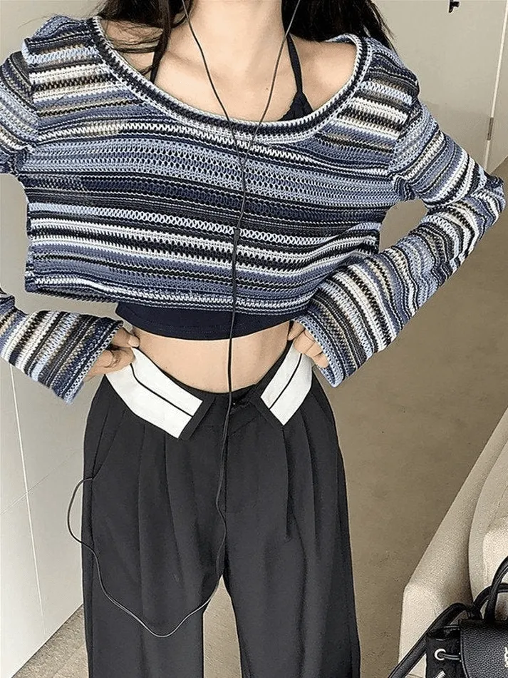 Joskaa Contrast Striped Crochet Knit Crop Top