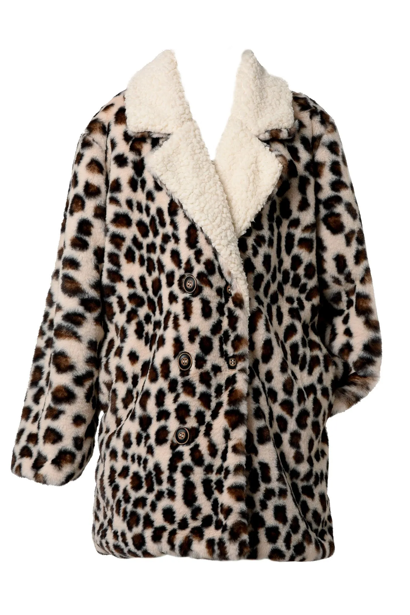 LEOPARD FAUX FUR DOUBLE BREASTED TEDDY COAT (A39121)