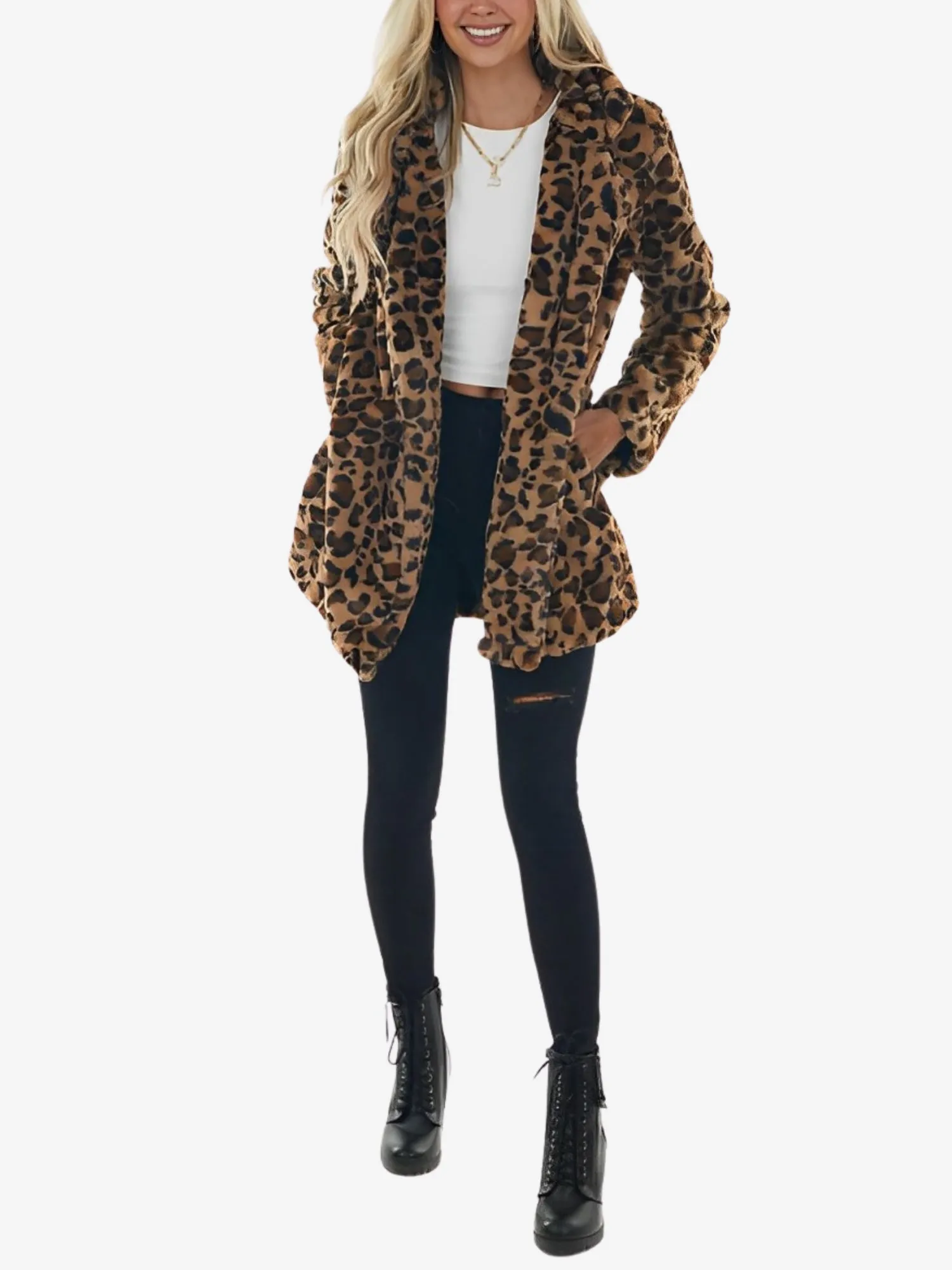 Long Sleeves Leopard Pocketed Loose Faux Fur Coat