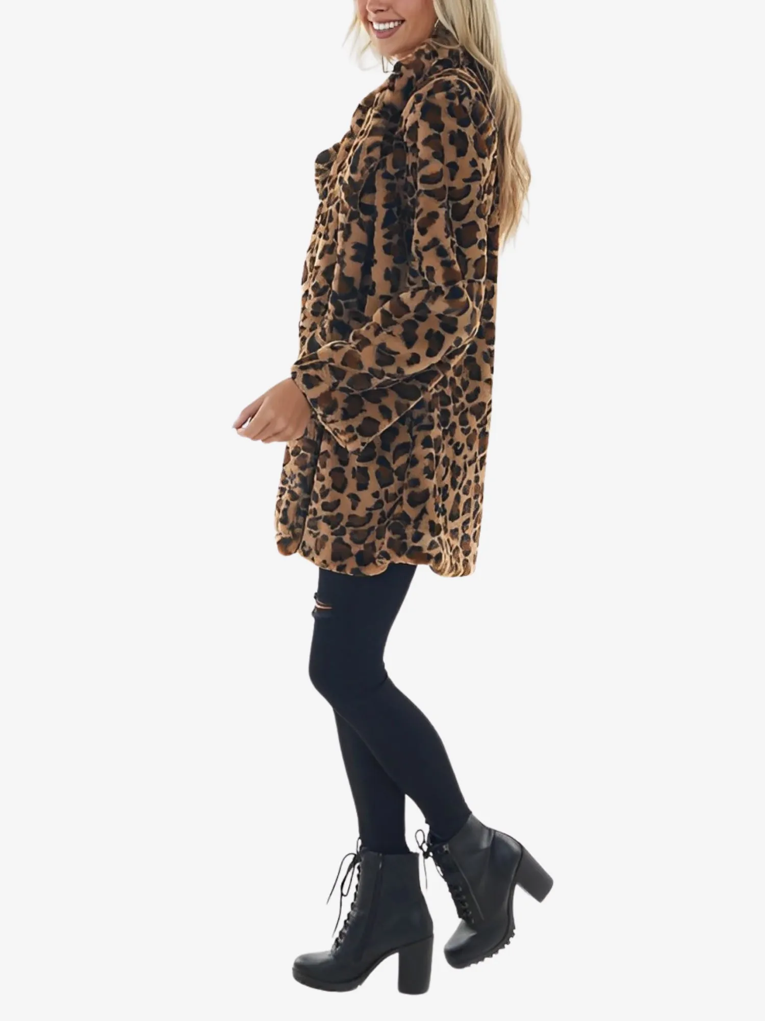 Long Sleeves Leopard Pocketed Loose Faux Fur Coat