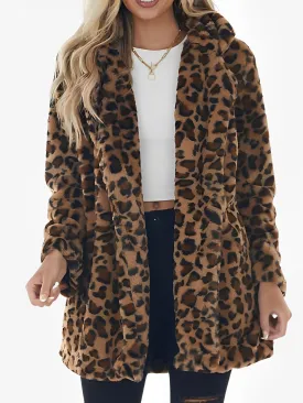Long Sleeves Leopard Pocketed Loose Faux Fur Coat