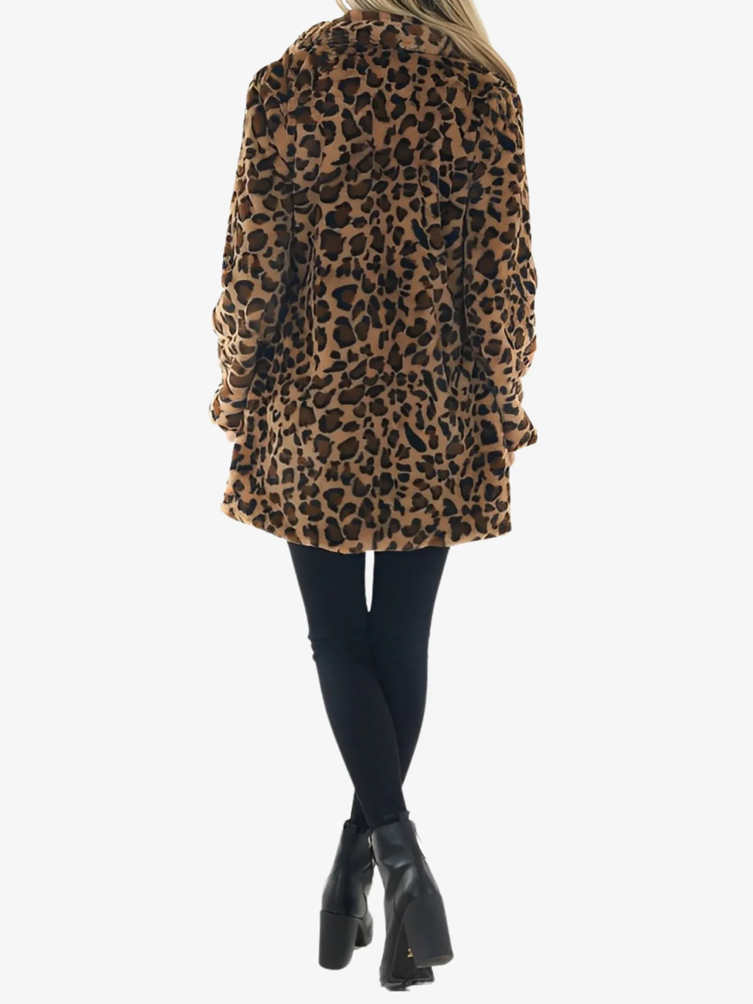 Long Sleeves Leopard Pocketed Loose Faux Fur Coat