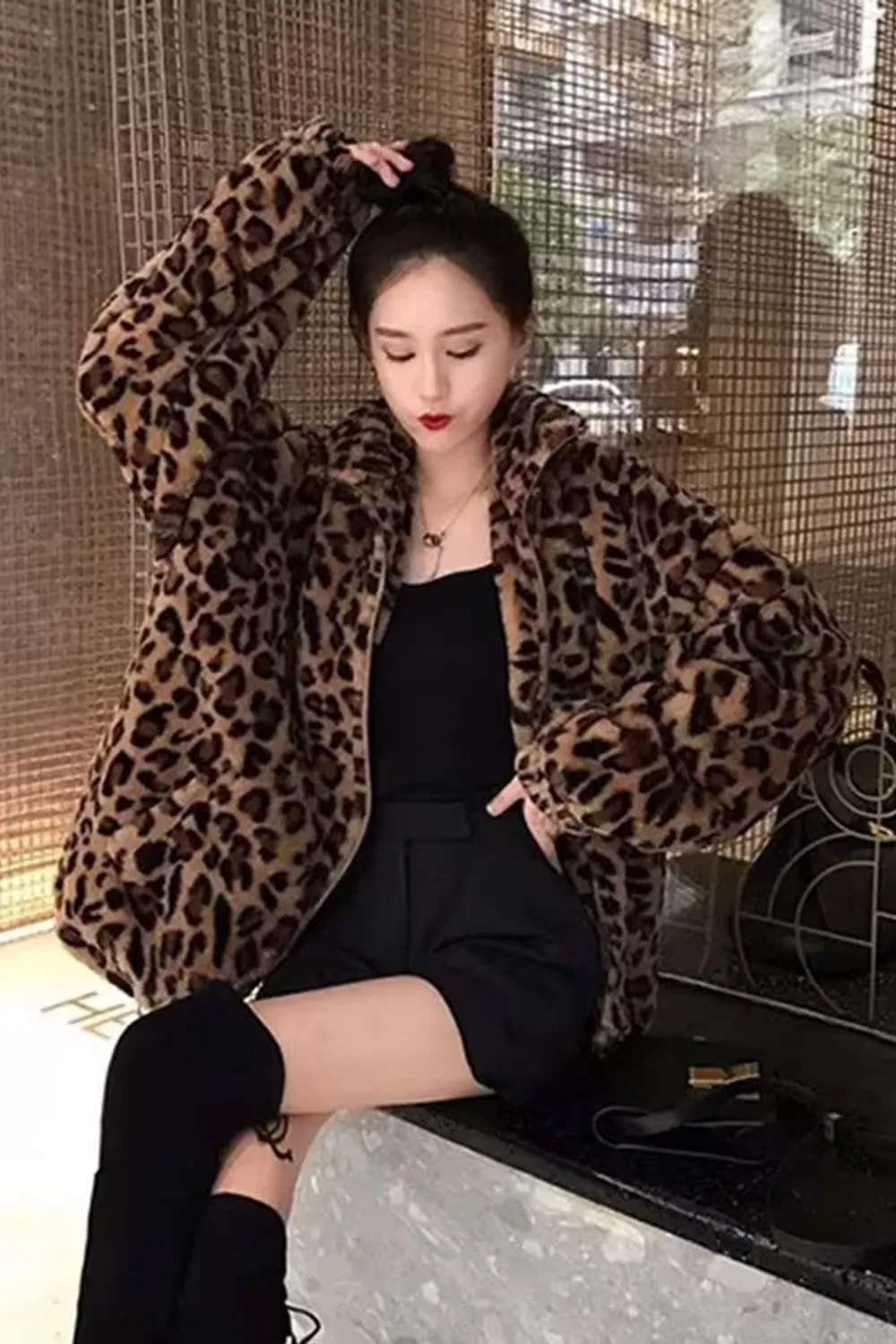 Loose Leopard Pattern Stand Collar Jacket