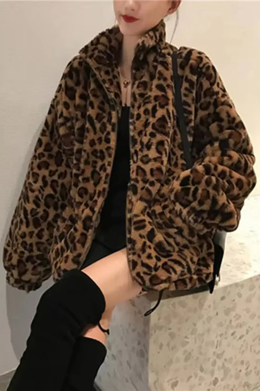Loose Leopard Pattern Stand Collar Jacket