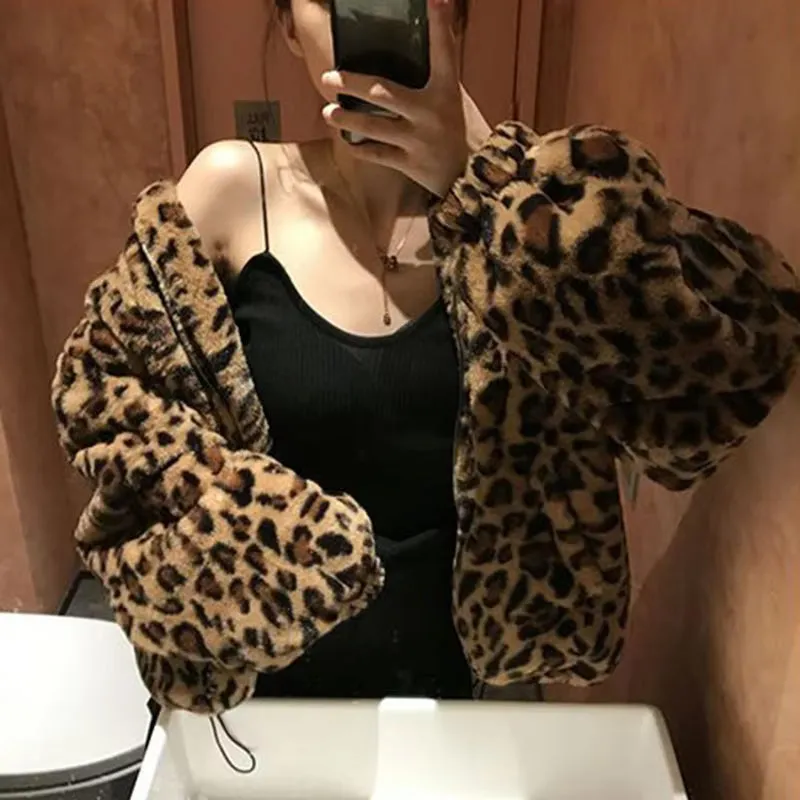 Loose Leopard Pattern Stand Collar Jacket