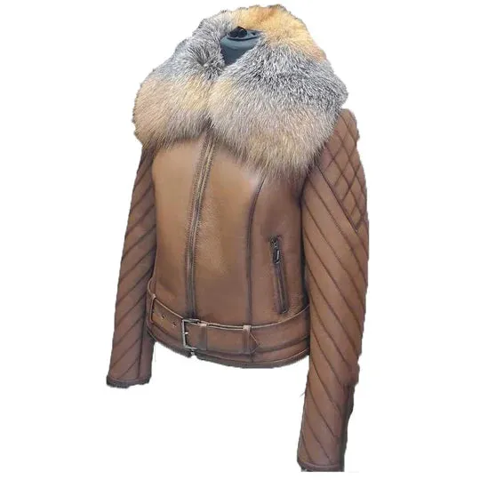 Luxurious Tan Leather Jacket with Fur Collar