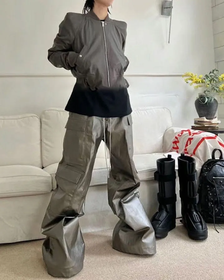 Matte Coated Silver Cargo Pants