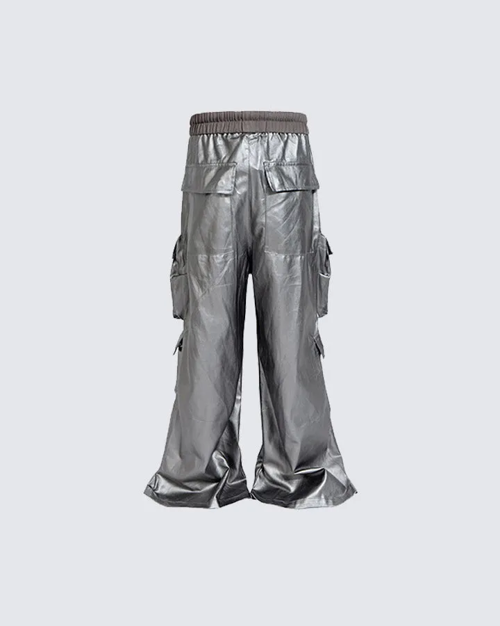 Matte Coated Silver Cargo Pants