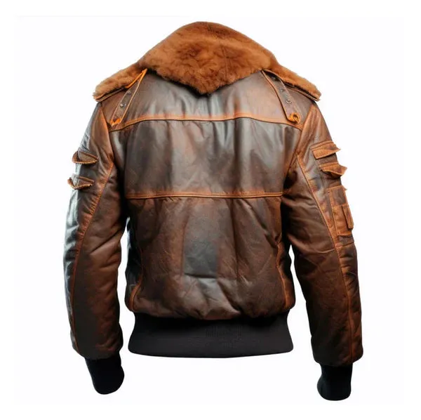 Men's Brown Flight Faux Shearling Lapel Bomber Leather Jacket