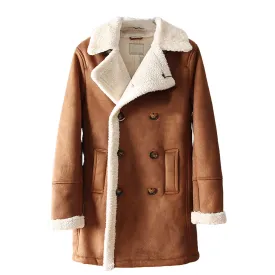 Men’s Brown Suede Sherpa Shearling Faux Fur Lined Double Breasted Lapel Collar Winter Warm Casual Classic Rugged Trench Coat