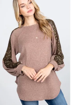 Mocha Sequin Sleeve Top