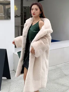 New Faux Fur Coats Apricot Long Sleeves Jewel Neck Women Long Coat