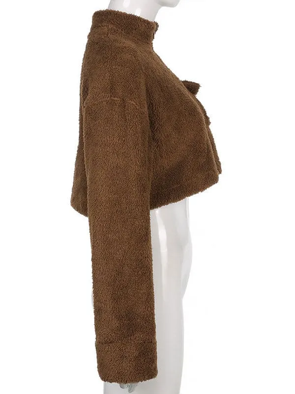 New Faux Fur Coats Coffee Brown Turndown Collar Long Sleeves Zipper Oversized Women Coat
