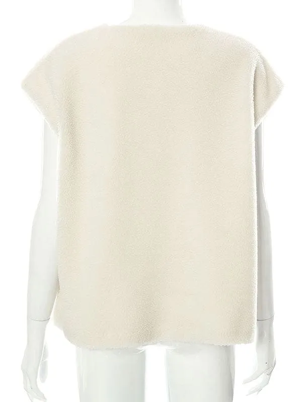 New Faux Fur Coats For Women Ecru White Sleeveless Polyester Oversized Overcoat