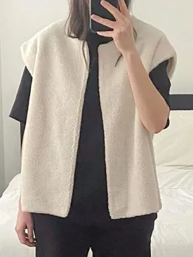 New Faux Fur Coats For Women Ecru White Sleeveless Polyester Oversized Overcoat