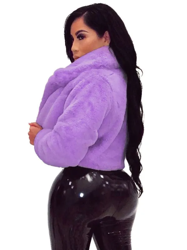 New Faux Fur Coats For Women Grey Turndown Collar Long Sleeves Oversized Stretch Winter Coat