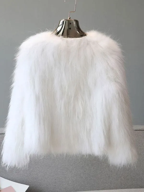New Faux Fur Coats For Women Long Sleeves Casual V Neck Polyester Apricot Women Coat
