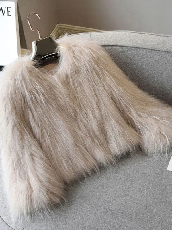 New Faux Fur Coats For Women Long Sleeves Casual V Neck Polyester Apricot Women Coat