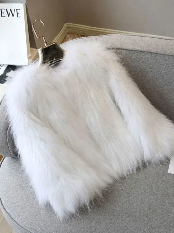 New Faux Fur Coats For Women Long Sleeves Casual V Neck Polyester Apricot Women Coat
