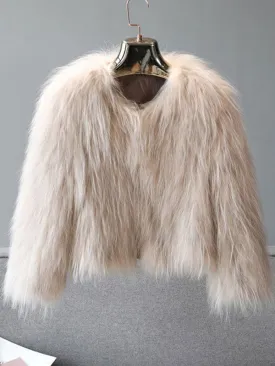 New Faux Fur Coats For Women Long Sleeves Casual V Neck Polyester Apricot Women Coat