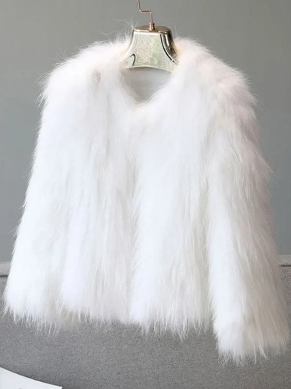 New Faux Fur Coats For Women Long Sleeves Casual V Neck Polyester Apricot Women Coat