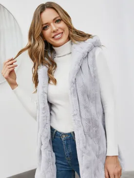 New Faux Fur Coats For Women Sleeveless Casual Oversized Hooded Light Gray Winter Coat