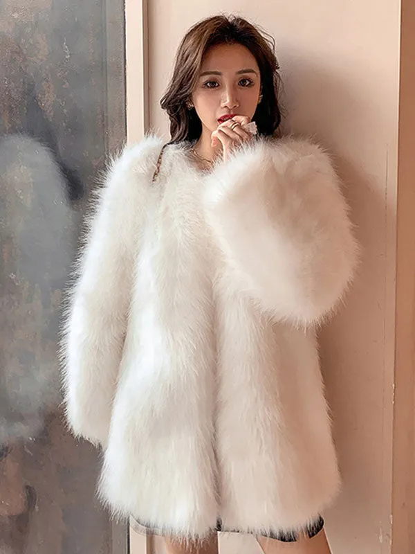 New Faux Fur Coats Long Sleeves Polyester Casual Jewel Neck White Winter Coat