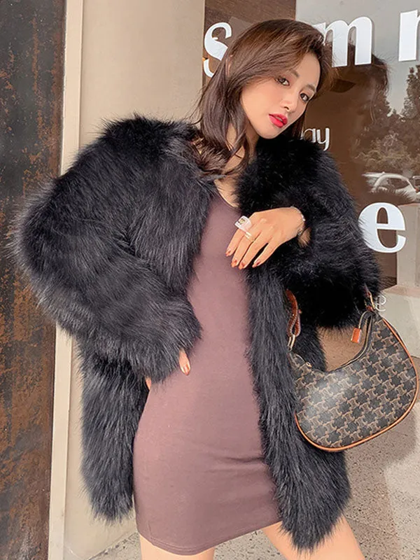 New Faux Fur Coats Long Sleeves Polyester Casual Jewel Neck White Winter Coat