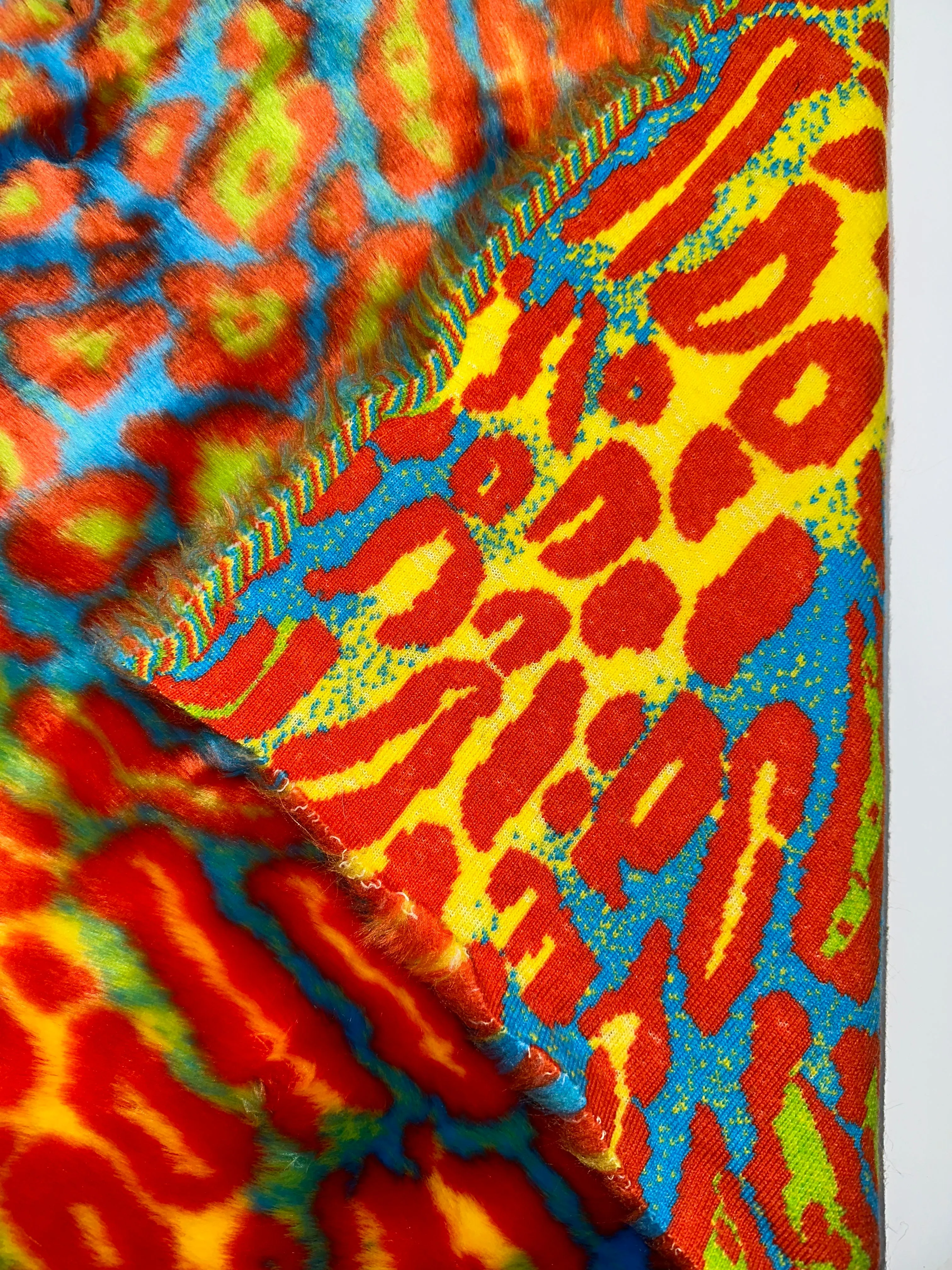 Orange Yellow - Turquoise Leopard Short pile Faux Fur Fabric By The Yard