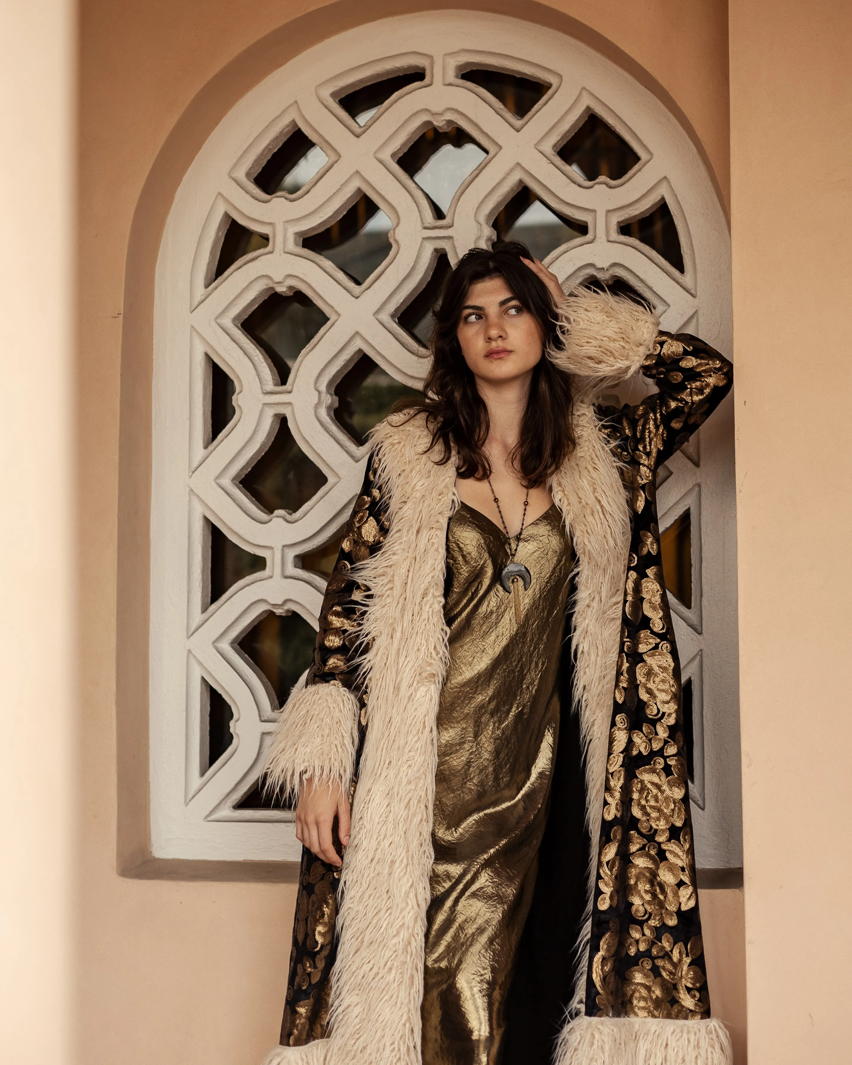 Penny Deluxe Oro Blossom Faux Fur Trim Coat