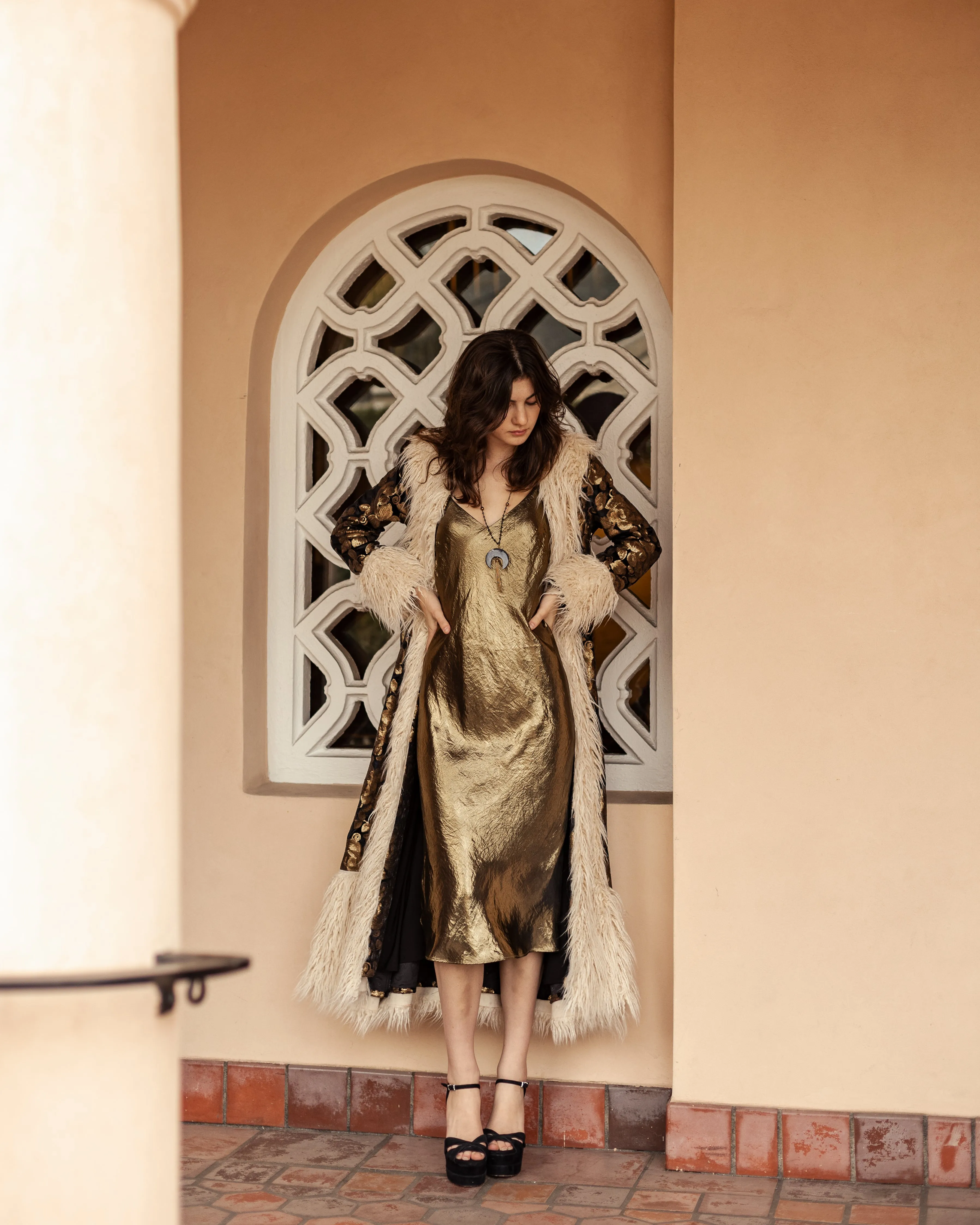 Penny Deluxe Oro Blossom Faux Fur Trim Coat