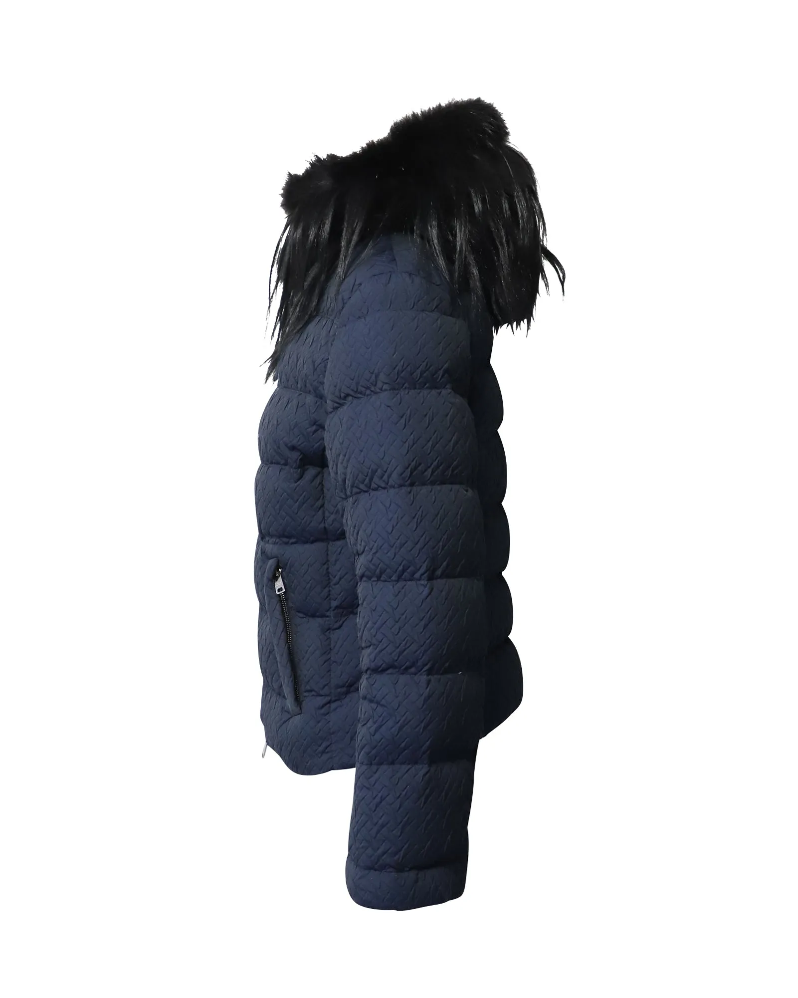 Prada Padded Jacket with Fur Collar in Navy Blue Polyester