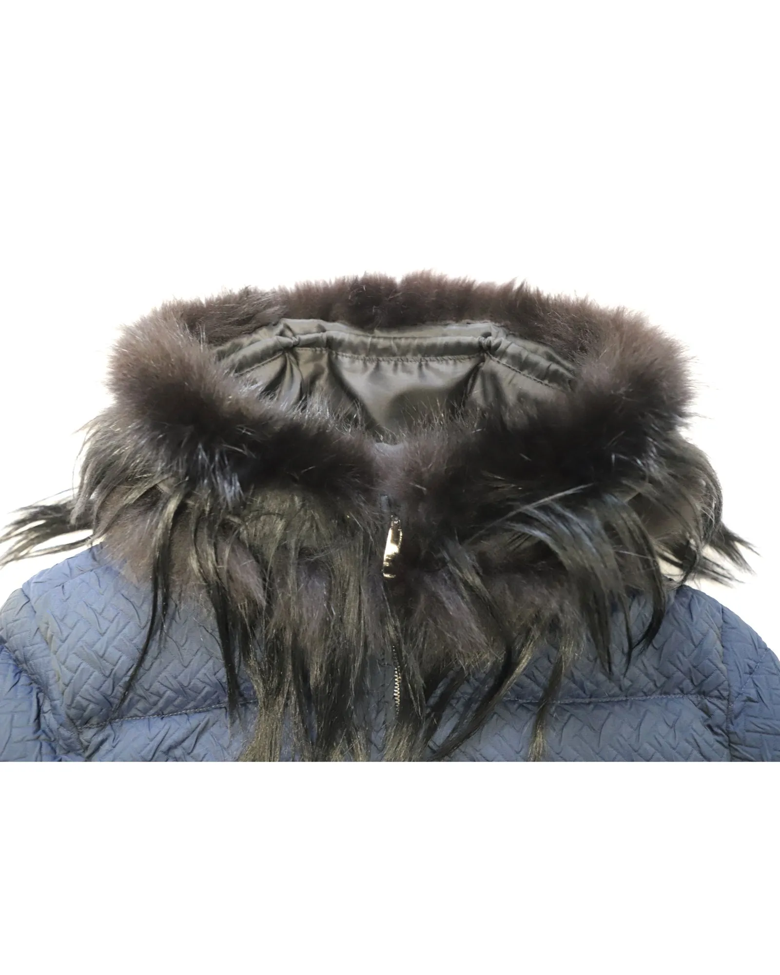 Prada Padded Jacket with Fur Collar in Navy Blue Polyester