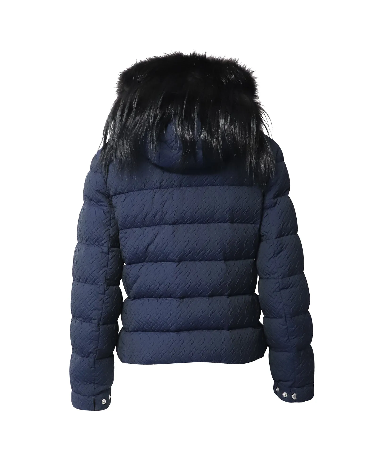 Prada Padded Jacket with Fur Collar in Navy Blue Polyester