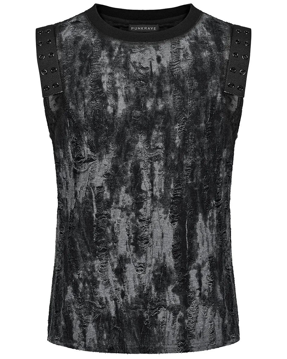 Punk Rave Mens Apocalyptic Gothic Broken Knit Tank Top Vest - Distressed Grey & Black
