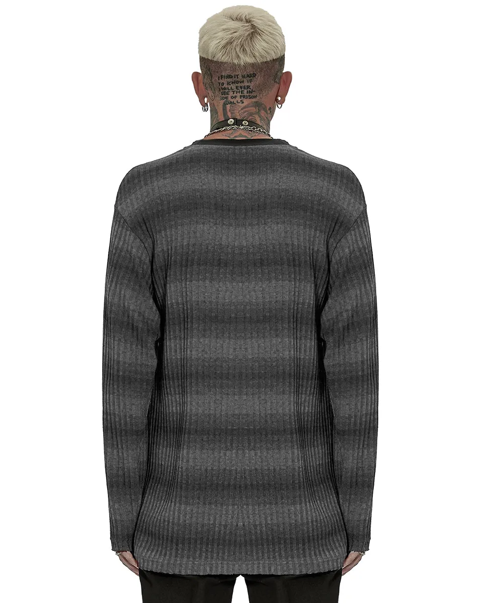 Punk Rave Mens Dark Punk Striped Knit Sweater Top - Black & Grey