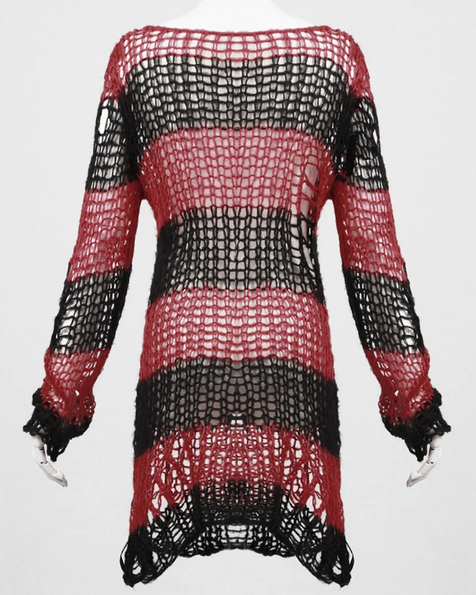 Punk Rave Shredded Knit Sweater - Black & Red