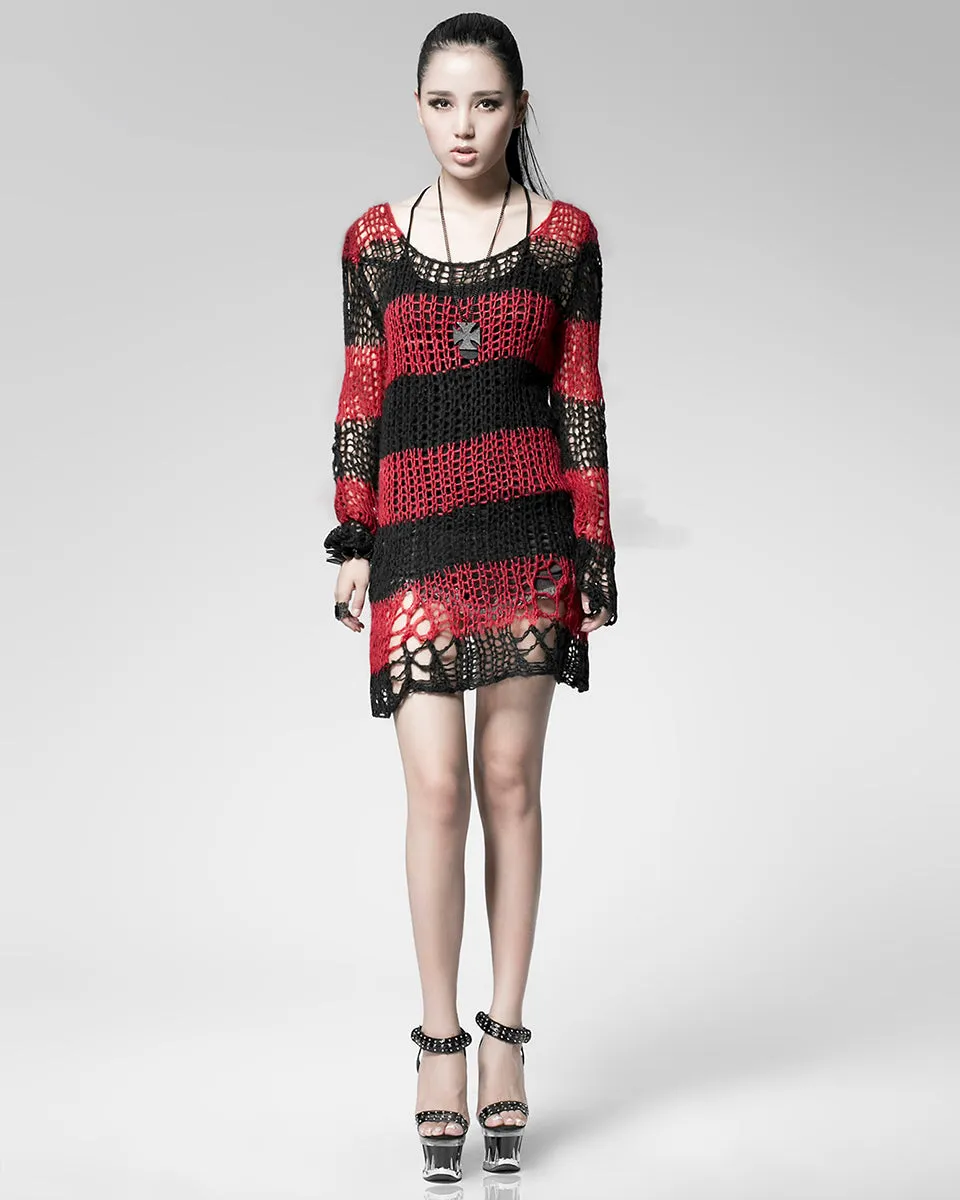 Punk Rave Shredded Knit Sweater - Black & Red