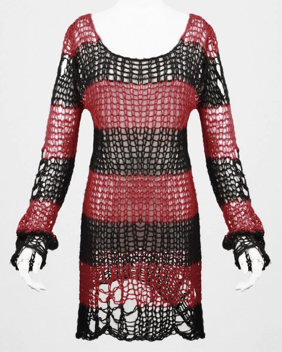 Punk Rave Shredded Knit Sweater - Black & Red