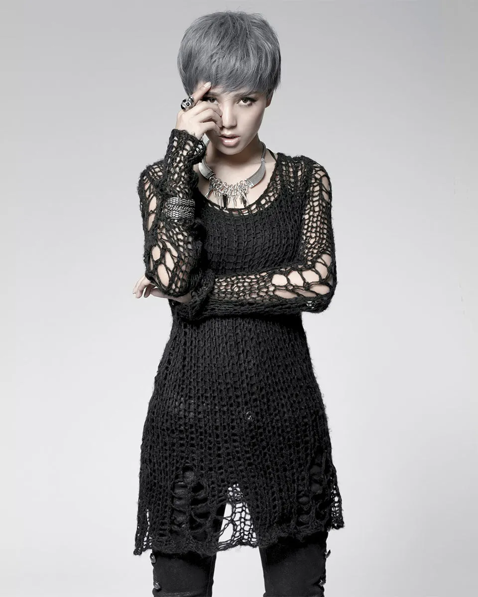 Punk Rave Shredded Knit Sweater - Black