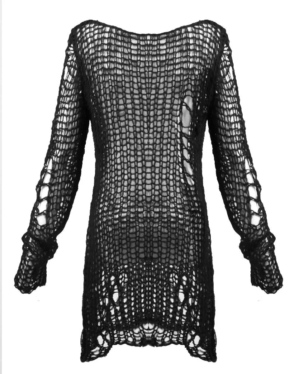 Punk Rave Shredded Knit Sweater - Black