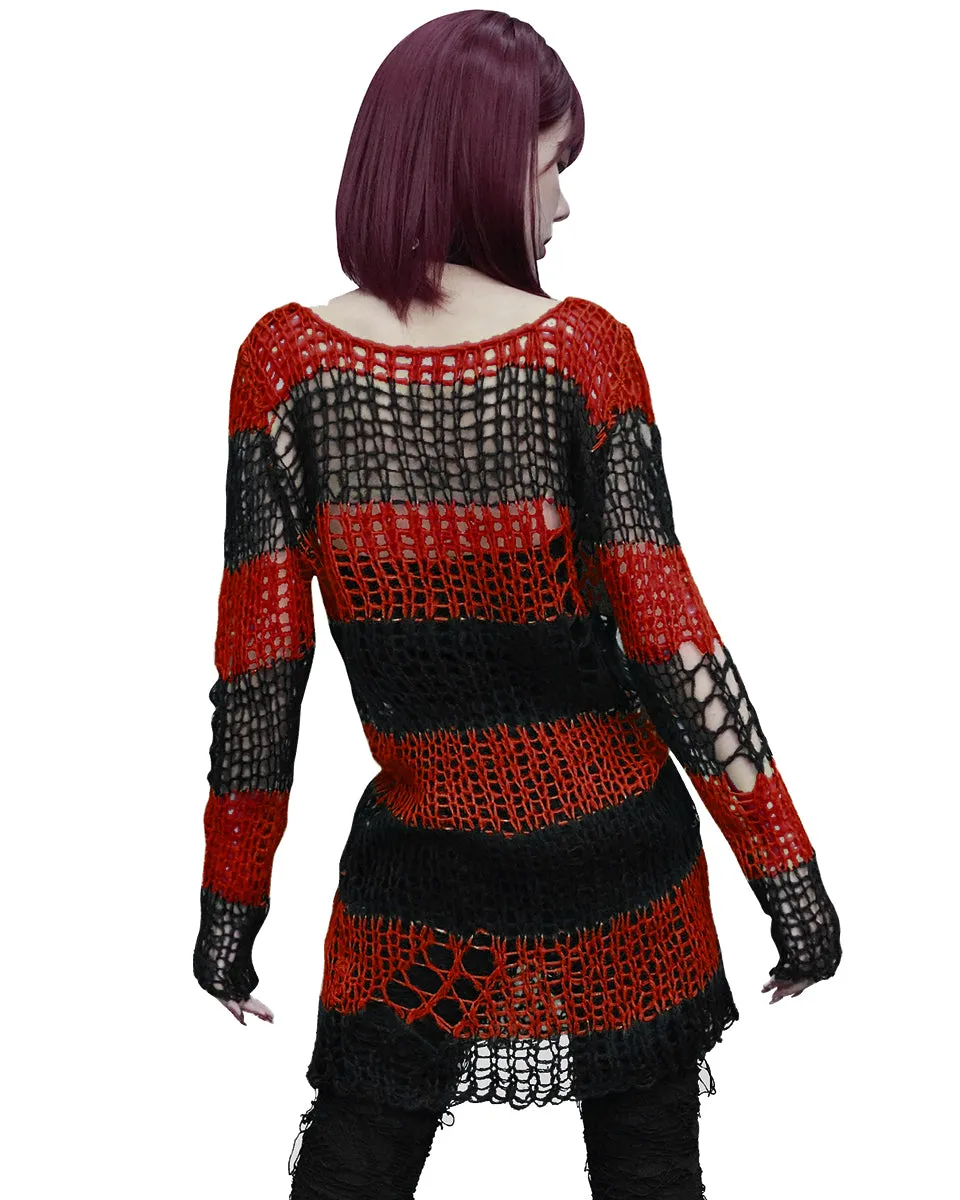 Punk Rave Womens Shredded Broken Knit Sweater Top - Black & Red Stripe