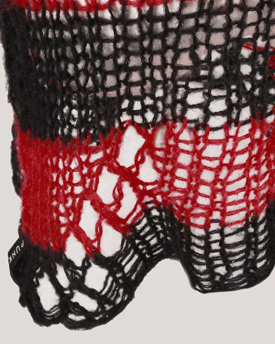 Punk Rave Womens Shredded Broken Knit Sweater Top - Black & Red Stripe