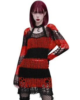 Punk Rave Womens Shredded Broken Knit Sweater Top - Black & Red Stripe