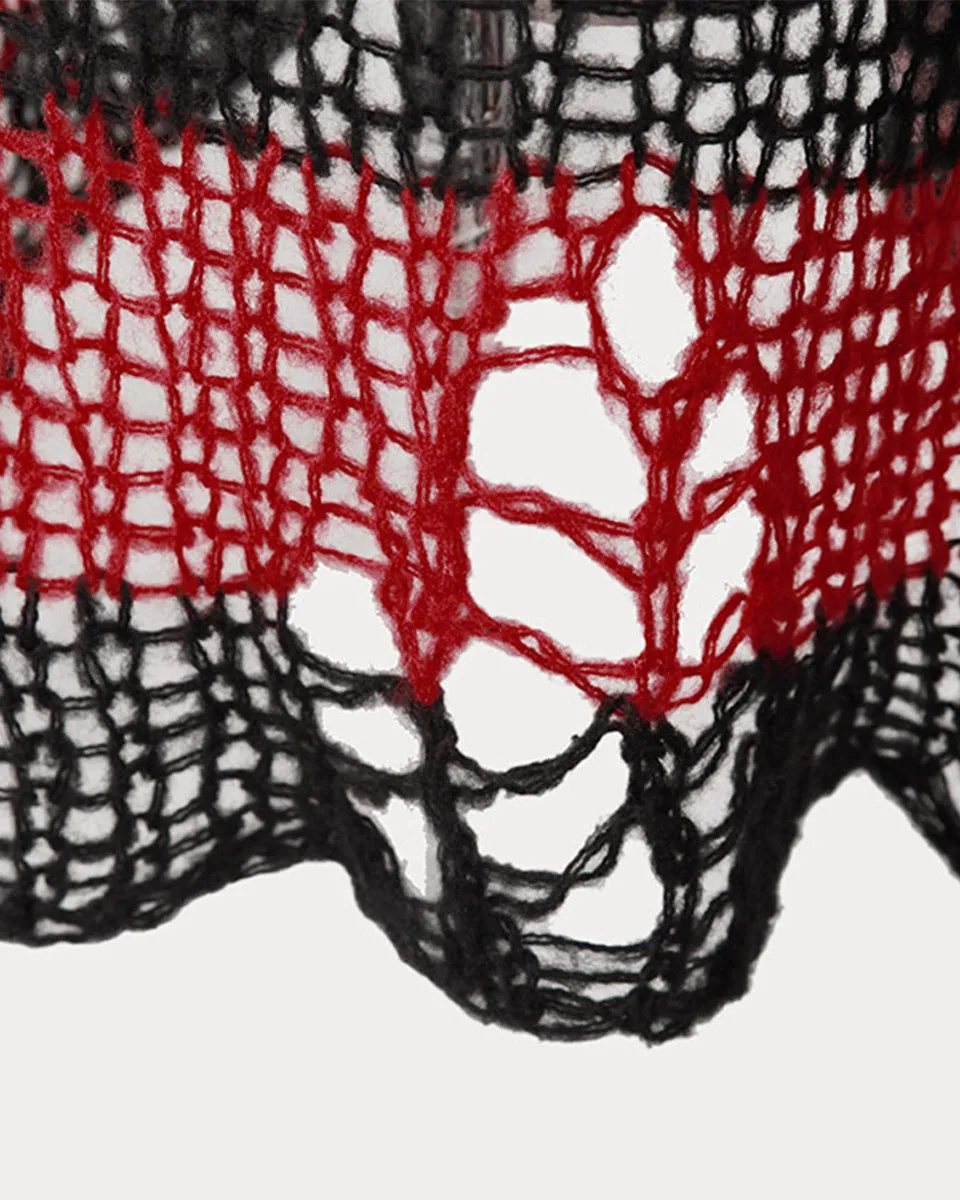Punk Rave Womens Shredded Broken Knit Sweater Top - Black & Red Stripe